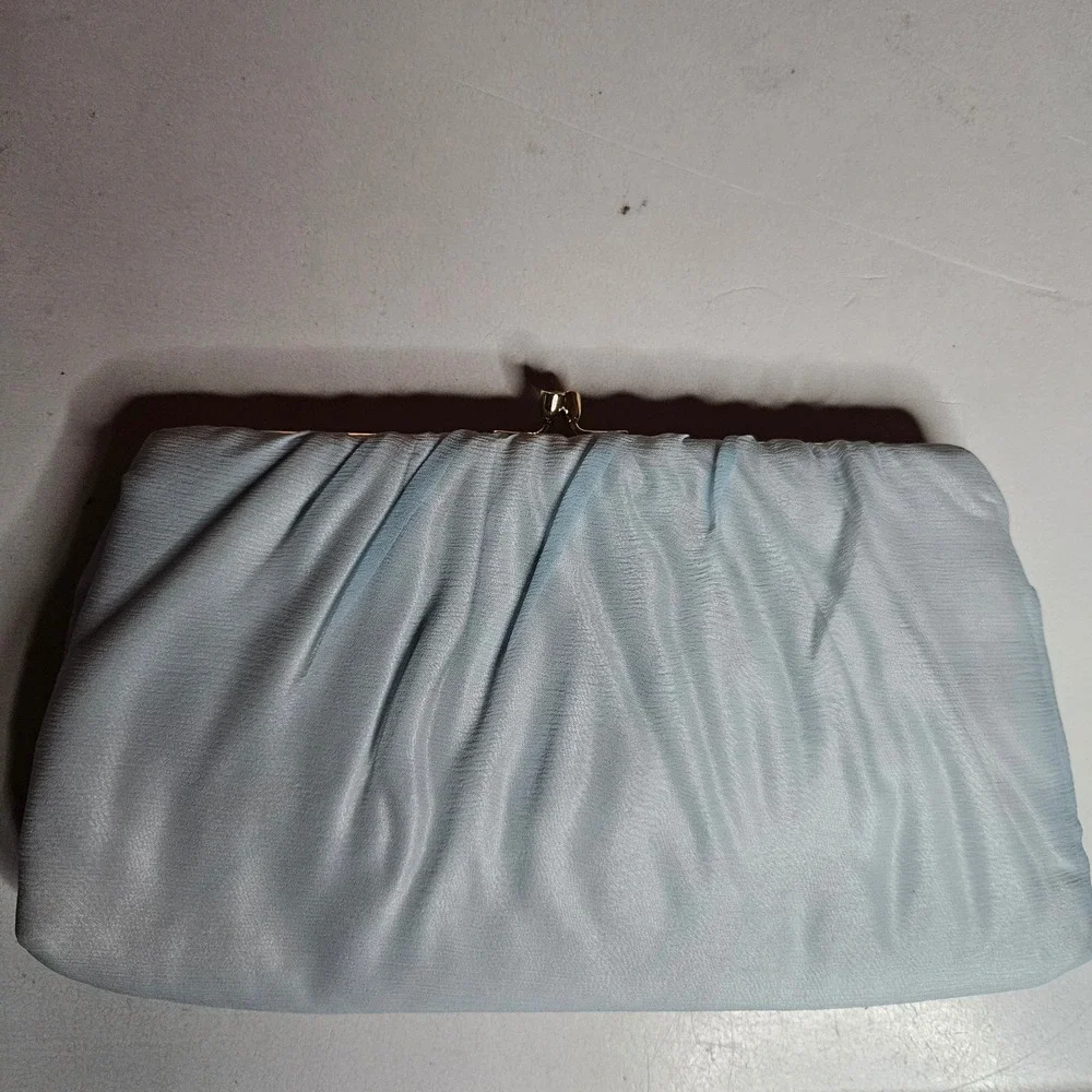 Vintage HL USA Light Blue Chiffon Ruched Clutch Evening Bag Gold Tone Kiss Lock